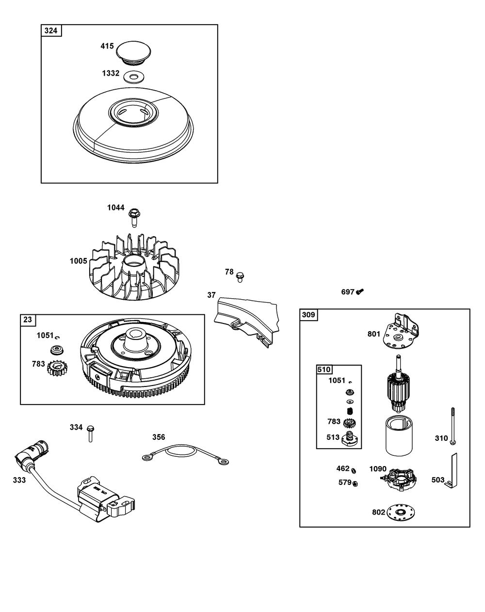 Flywheel, Ignition, And Starter Group Diagram and Parts List for 33R877-0104-G1 200000 - 399999 Briggs and Stratton Engine